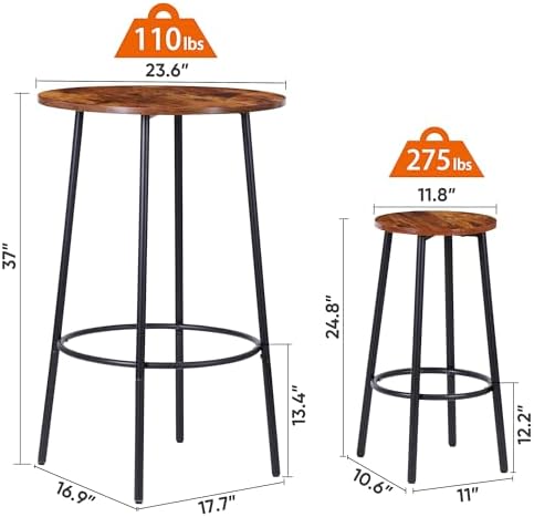SUPER DEAL Round Pub Dining Set, 3 Piece Small Kitchen Table Set with 2 Counter Height Wood Bar Stools for Kitchen Breakfast, Living Room, Small Space, Rustic Brown
