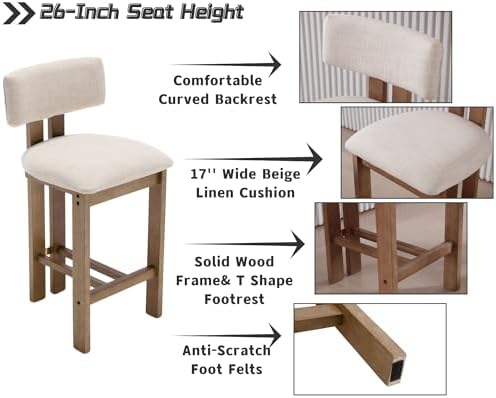 HNY 26’’ Tall Farmhouse Bar Stools Set of 2, Modern Counter Stools with Backs Beige Linen Upholstered Bar Height Chairs with Natural Hardwood Frame, Counter Height Wood Barstools for Kitchen Island