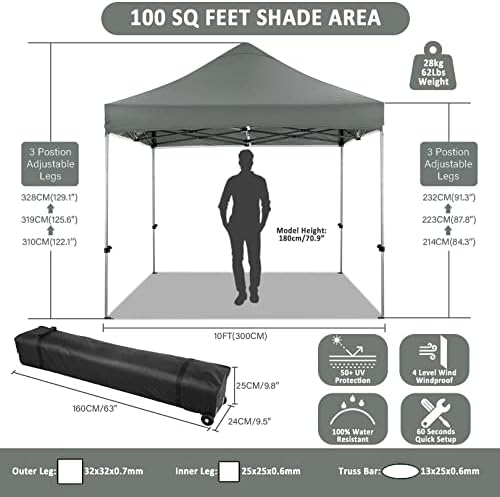 COBIZI 10x10 Pop Up Canopy Tent with 4 Sidewalls,Heavy Duty Canopy,Gray