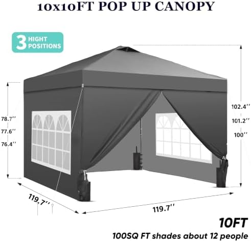 10x10ft Pop-Up Canopy Tent with 4 Side Walls — Easy Setup, Outdoor Portable Gazebo with 4 Ropes, 8 Stakes, 4 Sandbags and Handbag, for Patio, Camping and Picnic, Gray
