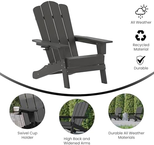 Flash Furniture Newport Adirondack Chair with Cup Holder, Weather Resistant Poly Resin Adirondack Chair, Gray