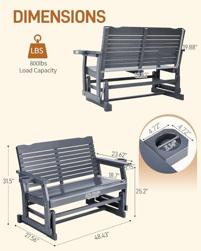 Outvita Patio Glider with Cup Holders, Wooden Outdoor Glider Bench with High Roll Back & Deep Contoured Seat, Smooth Porch Glider Loveseat Heavy Duty 800 Lbs, Gray