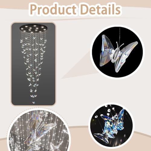 ykolupty H102 High Ceiling Chandelier Modern Crystal Chandeliers Raindrop Chandelier for Staircase Foyer Entryway Living Room Dimmable 3000-6000K (Black Chandeliers)