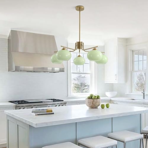 KCO Lighting Green Glass Pendant Light 5 Light Large Globe Chandelier Brushed Brass Sputnik Chandelier Mid Century Modern Chandelier Light Fixture for Dining Room Bedroom