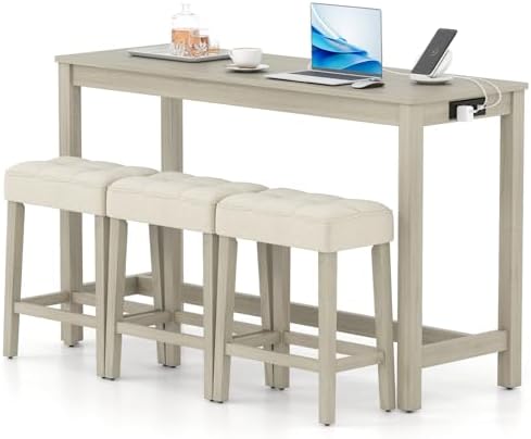 Giantex 4-Pieces Bar Table Set with Charging Station, 59-inches Dinner Tables with 3 Padded Stools, Adjustable Foot Pads, Space-Saving Dining Table Set for Dinette, Dining Room, Kitchen