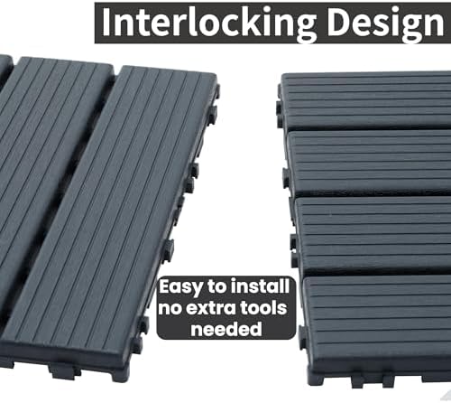 Plastic Interlocking Deck Tiles (44 PCS), 12x12 Inches Waterproof Outdoor Patio Flooring, Easy Snap Balcony Floor Tiles for Garden, Poolside, Backyard, Pathway, Indoor Use, Dark Grey, Grid Pattern