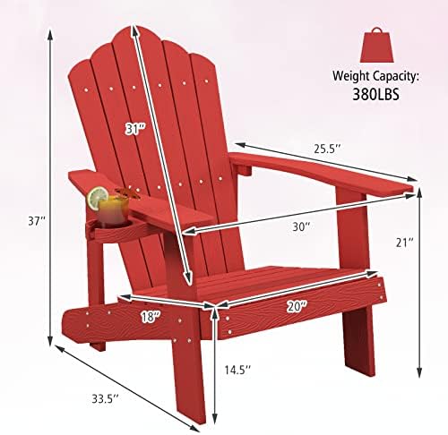 Tangkula Oversized Adirondack Chair, Patio Lounge Chairs w/Adjustable Cup Holder, HIPS Armchairs Slatted Chair, Outdoor Weather Resistant Fire Pit Chair for Deck Backyard Garden Porch (1, Red)
