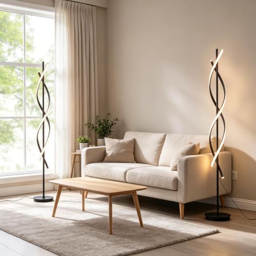 60" Black ModernSpiral Floor Lamp, 40W Dimmable LED Standing Light with Remote & 3 Color Temperatures for Living Room Bedroom Office