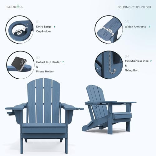 SERWALL Outdoor Adirondack Chair Set of 2 with 2 Cup Holders,Foldable,Blue