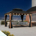 PURPLE LEAF Gazebo 10' x 12' with Light, Curtain and Netting, Wood Grain