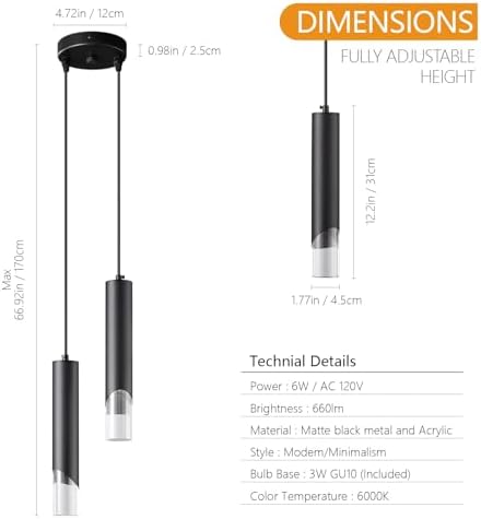 Modern Pendant Light Kitchen Light Fixture Dimmable LED Black Mini Pendant Lights Dinning Room Black Pendant Lighting for Kitchen Island Bedroom (2-Light)…