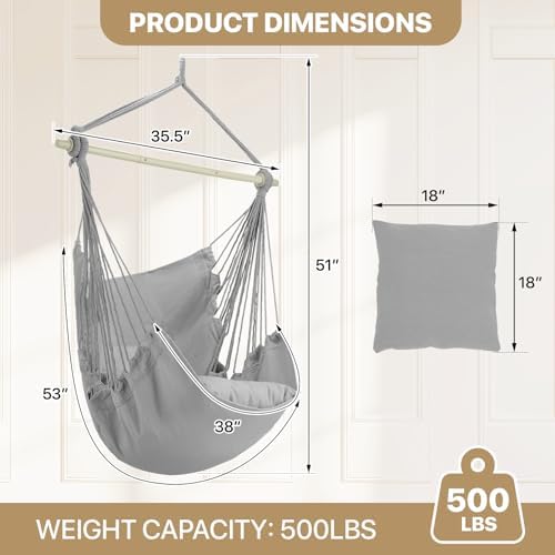 MoNiBloom Hammock Chair Hanging Rope Swing w/2 Cushions, Hold 350 lbs, Gray