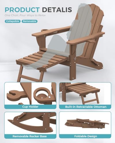 Ciokea Rocking Adirondack Chairs Set of 2 with Retractable Ottoman (Teak)