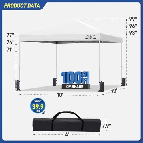 10x10ft Pop Up Canopy Tent - Instant Shelter, Easy Outdoor Sun Shade for Events, Parties, Camping, Portable Outdoor Canopies, Silver Coated Top UPF 50+, 4 Weight Bags - White