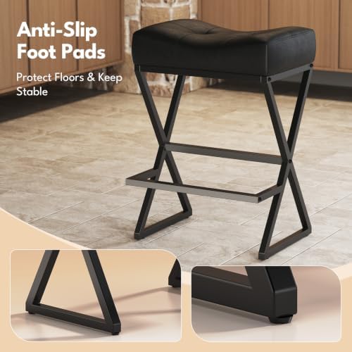 Counter Height Bar Stools Set of 2, Backless 26" Saddle Barstools, Black