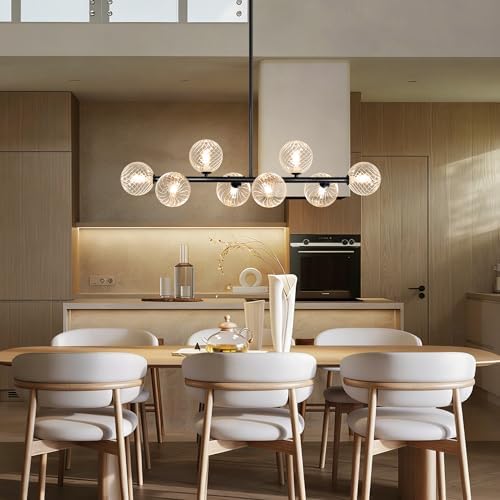 Clear Ribbed Glass Globe Chandelier, 8-Light Bubble Dining Room Chandelier 37" Black Modern Chandelier Sputnik Chandeliers Mid Century Linear Chandeliers for Dining Room Kitchen Island