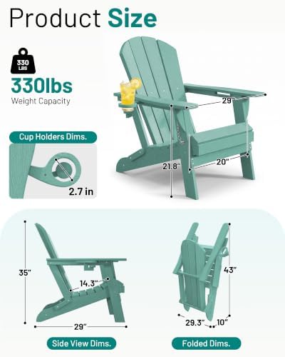 PLUUV Folding Adirondack Fire Pit Chairs Set of 2 with Cup Holder, Aruba