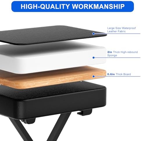 Adjustable X-Style Keyboard Bench,Thick Cushion,Folding X-Style Keyboard Bench,3-Position Height,Non-Slip & Height-Adjustable Rubber Feet,Black