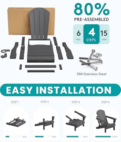 SERWALL Folding Adirondack Chair with Cup Holder Set of 4, Fire Pit - Gray