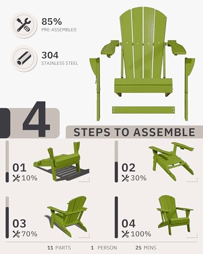 AreShark HDPE Folding Adirondack Chair with Cup Holder, Green