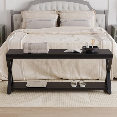 IBF Rustic Entryway Bench with Storage, Black Wood and Metal Bench