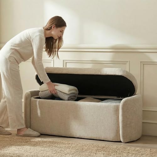 VKNOW Storage Bench, Upholstered Storage Ottoman Bench with Hinge, Khaki