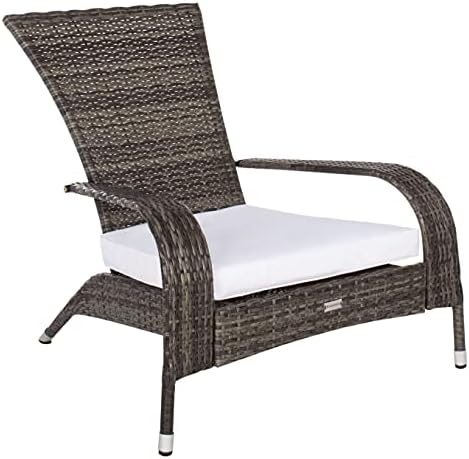 SAFAVIEH Outdoor - Edna 3-Piece Lounge Set - Grey Brown & White - Steel Frame & Faux Rattan with Cushion - Wingback Tropical French Design - Ideal for Patio, Deck, Porch, Backyard (PAT7719C)