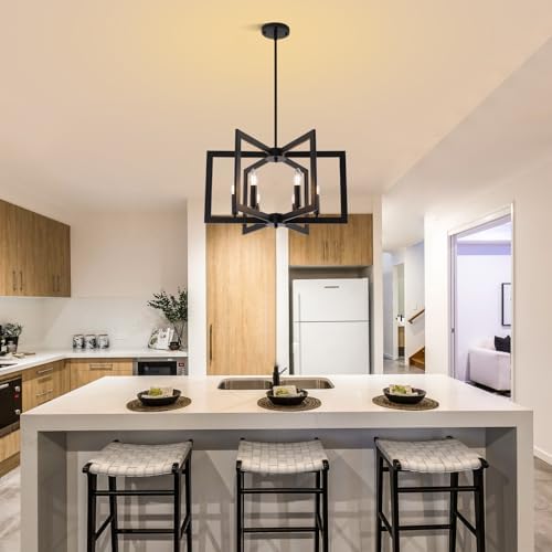 22" Black Chandelier for Dining Room, 6-Light Geometric Farmhouse Dining Room Fixture, Modern Foyer Lighting Fixtures, Industrial Hanging Pendant Lights for Kitchen Island, Living Room, Entryway