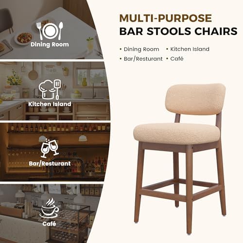 Solid Wood Counter Height Bar Stools Set of 2, Fluffy Boucle Bar Chairs with Frame, Mid-Century Modern Upholstered Stools with Backrest for Kitchen Island, Home Bar, Oatmeal
