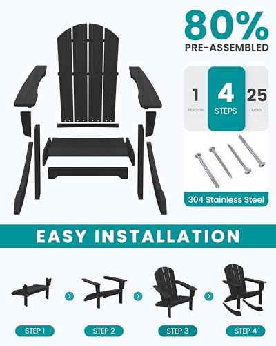SERWALL Outdoor HDPE Adirondack Rocking Chairs, All-Weather, Black, 2PCS