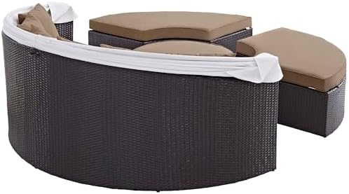 Modway Convene Wicker Rattan Outdoor Patio Retractable Canopy Round Poolside Sectional Sofa Daybed with Cushions in Espresso Mocha