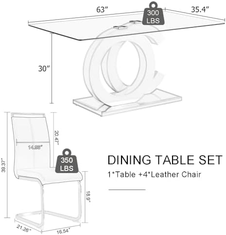63'' Dining Table Set for 4, Modern Glass Dining Room Table Set for 4 with PU Leather Ergonomic Dining Chairs for Home, Kitchen, Living Room