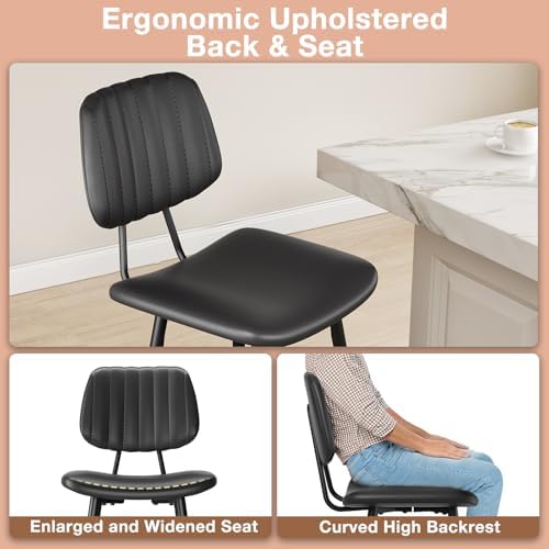 Raynesys 29-Inch Leather Bar Stools Set of 2 with High Backrest, Black