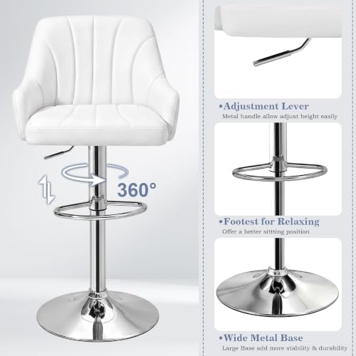 VECELO Bar Stools Set of 2, Adjustable Barstools, Counter Height Stools with Back and Arm, Kitchen Island Stools, Swivel PU Leather Stools, Modern Style, White