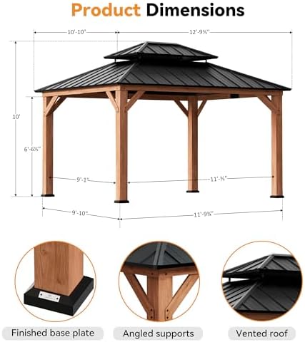 Modern Shade Wood Gazebo 11x13 with Double Galvanized Steel Roof