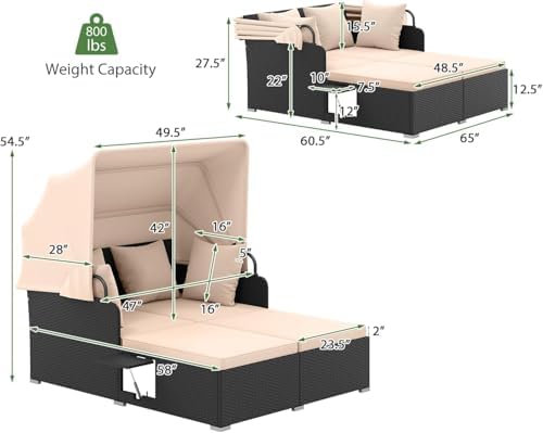 Tangkula Patio Rattan Daybed with Retractable Canopy, Outdoor Wicker Sunbed Lounger with 2 Foldable Side Tables, Thick Seat & Back Cushions, Outside Double Daybed for Garden, Backyard, Porch