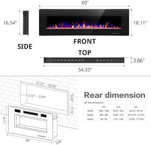 R.W.FLAME 60" Recessed and Wall Mounted Electric Fireplace, Low Noise, Fit for 2 x 6 Stud, Remote Control with Timer, Touch Screen, Adjustable Flame Color and Speed, 750-1500W