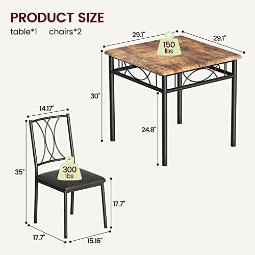 Dining Table Set for 2, Kitchen Table with 2 Upholstered Chairs, Wood 3-Piece Kitchen Dining Room Table Set for Apartment, Small Space, Space Saving, Retro Brown