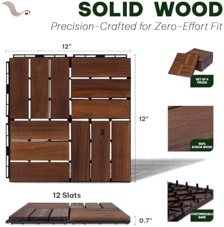 VICTORY RELAX Natural Acacia 12x12 Interlocking Wood Deck Tiles for Balcony, Garden, Patio, Poolside Decor - Waterproof Indoor & Outdoor Flooring - Square Joints (9, Walnut, 12 slats) (9 PCS)