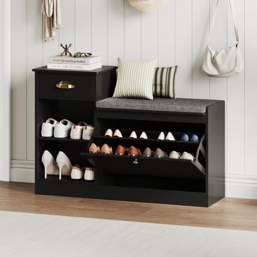 Shoe Storage Bench, Modern Wooden Shoe Cabinet with Flip Drawer and Adjustable Shelf, Entry Way Bench with Padded Seat Cushion for Entryway, Hallway, Living Room,Black