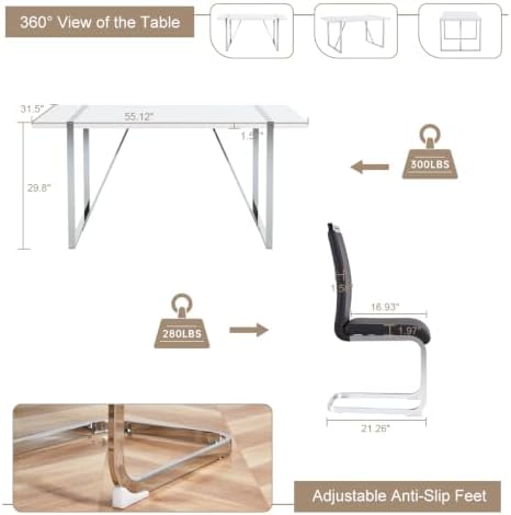 Ebullient Dining Table Set for 6，White Rectangular MDF Kitchen Table and Leather Dining Chairs Set of 6, 7 Piece Dining Table Set，Modern Dining Room Table Set 6 with Metal Frame for Kitchen