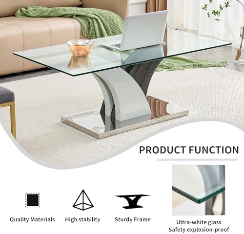 47'' Glass Coffee Table for Living Room,Rectangle Clear Center Table,Modern Glass Sofa Coffee Table with Tempered Glass Top and MDF Thickened Base