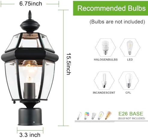 Kalium Outdoor Post Lights, 15" Lamp Post Light Fixture Waterproof Aluminum Housing with Glass, E26 Base Matte Black Lamp Posts Outdoor Lighting for Garden Patio Pathway Walkway （Pole not Included）