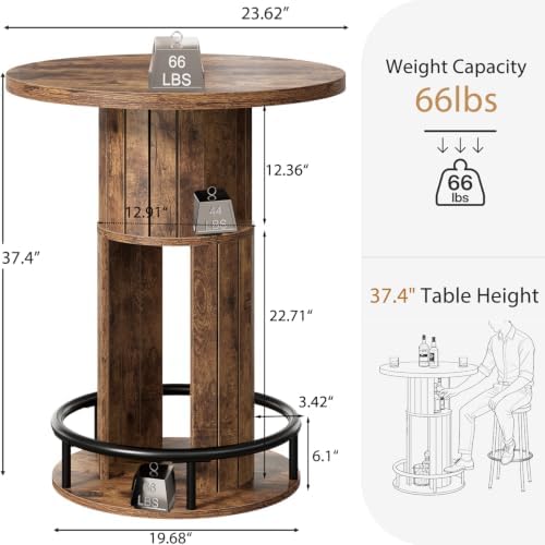 HSH Round Bar Table, 37.4"H Bar Height Bistro Pub Table With 2-Tier Storage