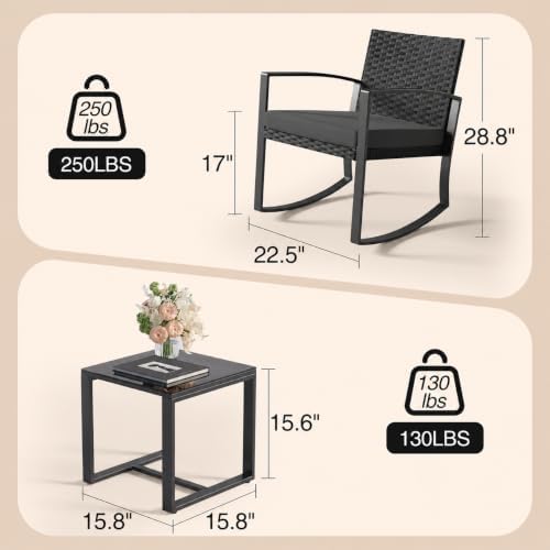 Qsun 3 Pieces Patio Furniture Set Rocking Bistro Set, Outdoor Patio Furniture Set with Coffee Table for Garden Balcony Backyard Poolside (Black Cushion)