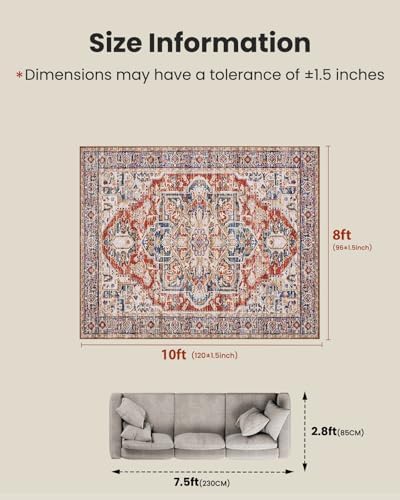 AMADA HOMEFURNISHING 8x10 Washable Area Rug, Low-Profile Large Area Rug with Non-Slip Backing & Durable Edge Binding, Vintage Large Rugs for Living Room, Bedroom, Dinning Room