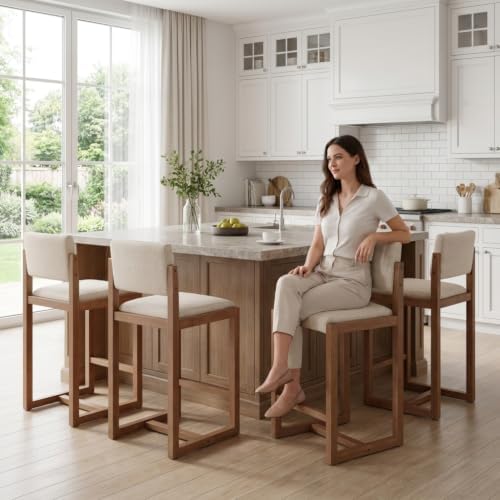 LukeAlon 26" Open Back Linen Counter Stools Set of 4, Beige
