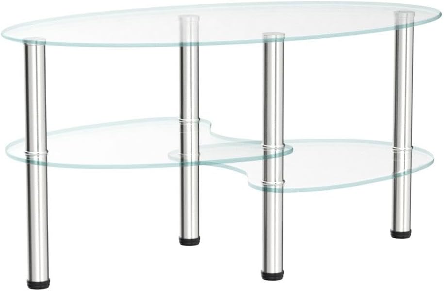Oval-Shaped Glass Tea Table for Office, 3-Tier Modern Coffee Table, End Table for Living Room (Clear)