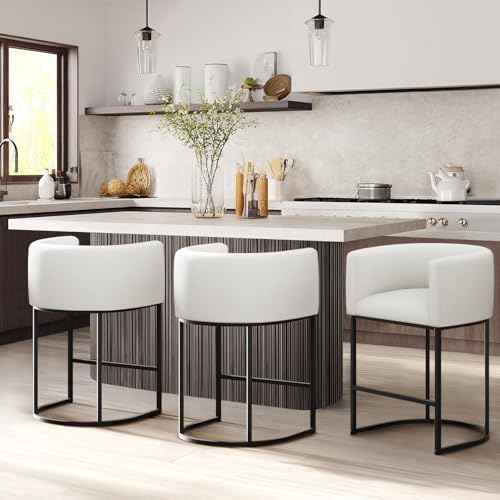 Counter Height Bar Stools Set of 2, 24 Inch Seat Height Barstools for Dining Room, Fabric Upholstered Bar Chair for Kitchen Island, Linen Counter Stools with Metal Legs, White