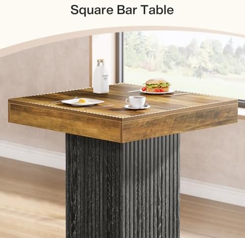 Tribesigns Square Bar Table, Kitchen Dining Table, Industrial Counter Height Pub Cocktail Table Home Bar Unit with Metal Footrest for Dining Room, Tavern, Coffee Corner, Bistro, Rustic Brown